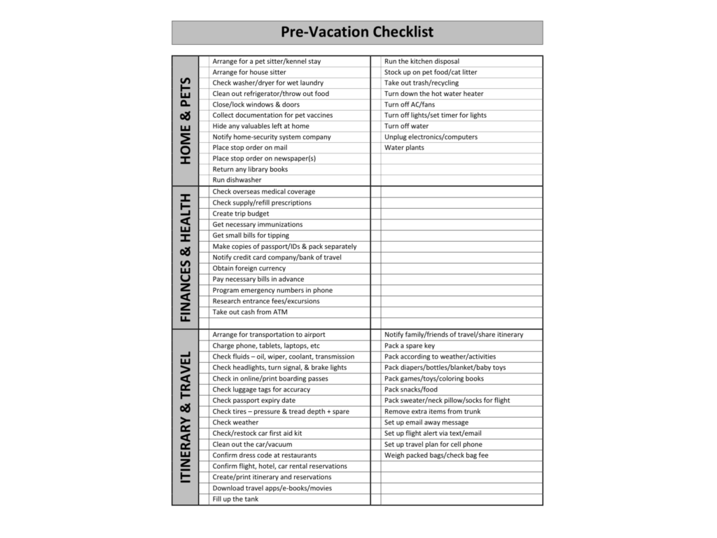 Free Vacation Preparation Checklist